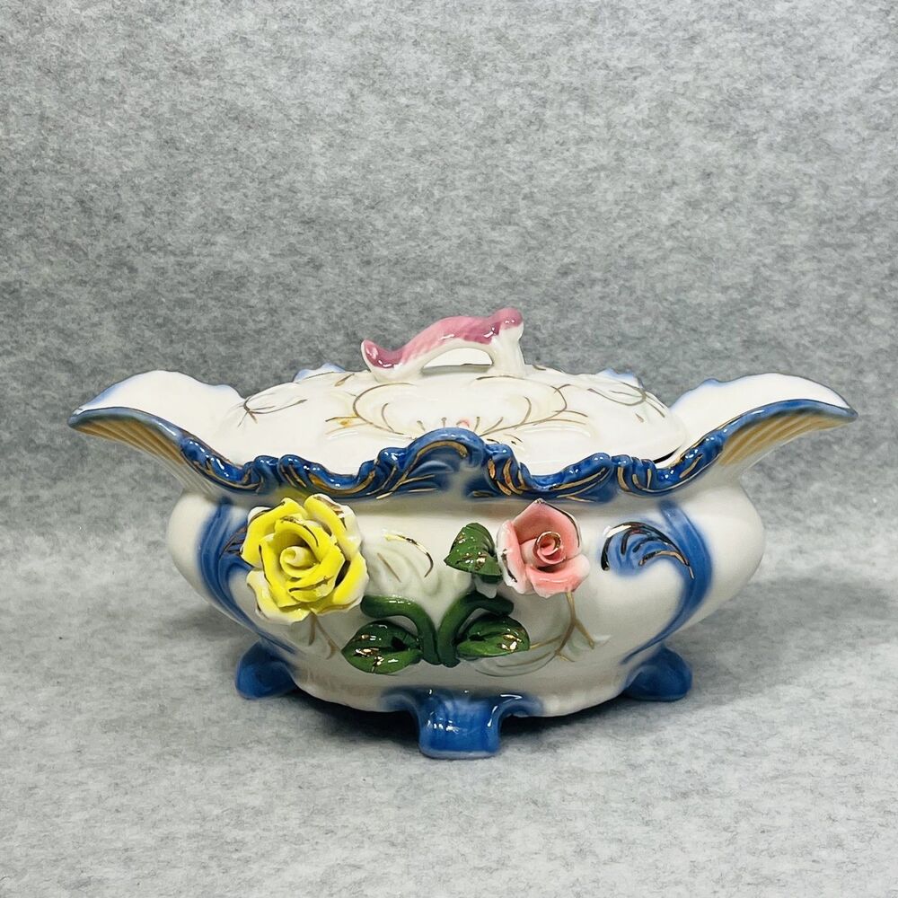 Vintage Italian Porcelain Covered Dish Footed Floral Roses Gold Trim